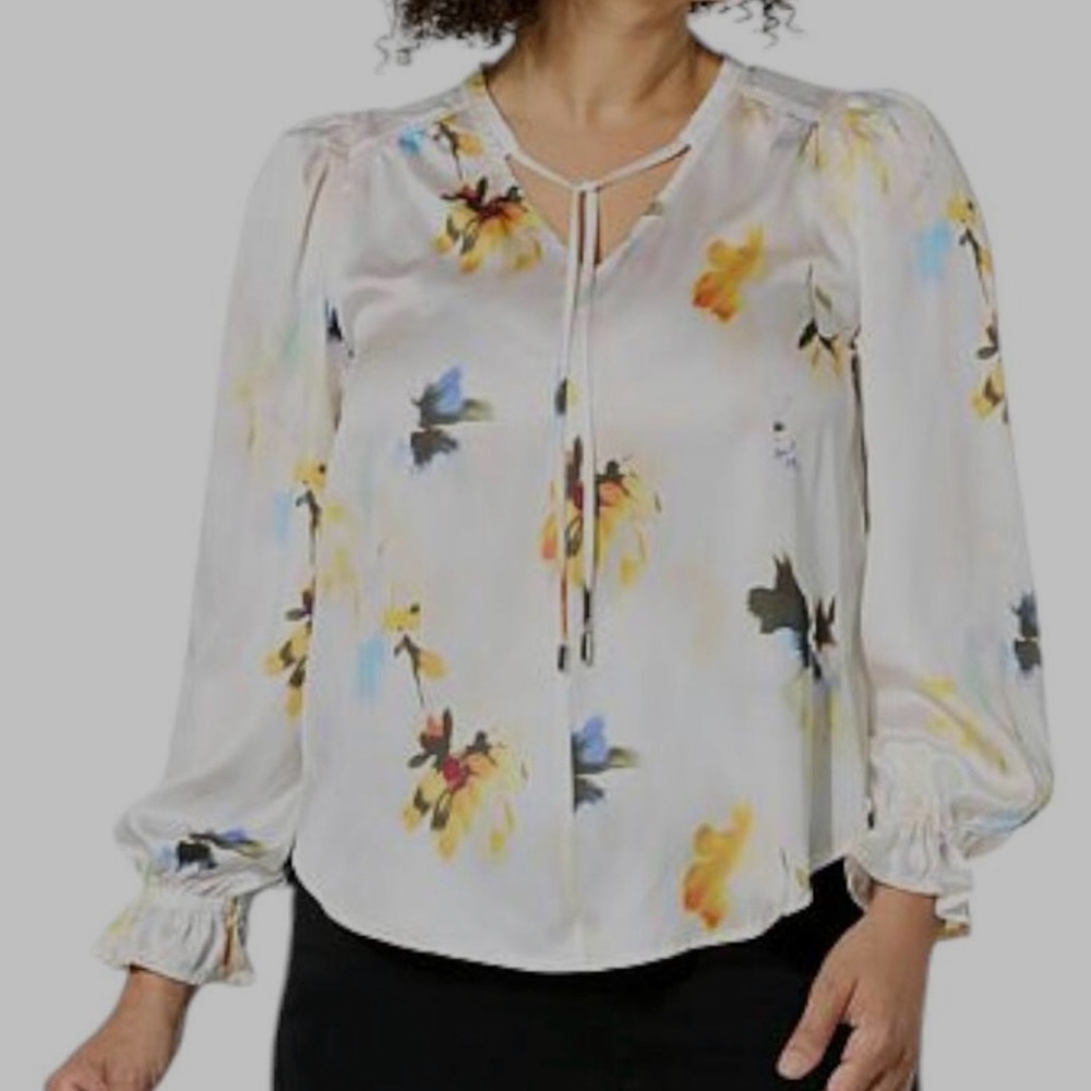 DG2 by Diane Gilman Women's Silky V-Neck Peasant Blouse Multi Floral Size M - Picture 2 of 9
